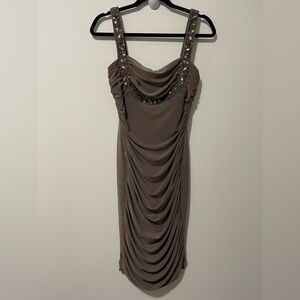 Joseph Ribkoff Brown Jeweled Bodycon Ruched Midi Dress in Size US 8